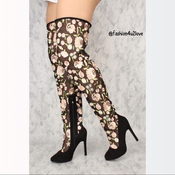 ❤️Size 5.5, 7 Mesh Embroidered Thigh High Boots - Picture 3 of 4
